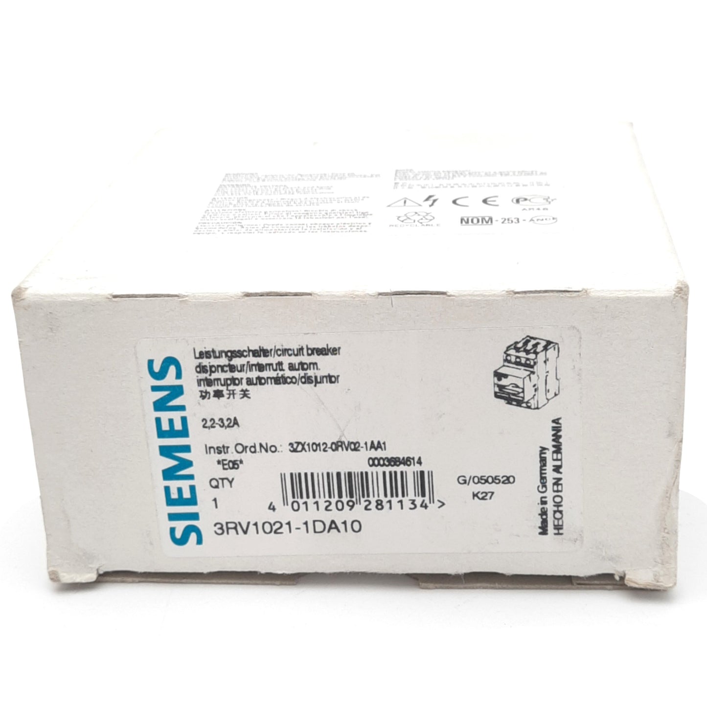 New Siemens 3RV1021-1DA10 Motor Circuit Breaker, 3-Pole, 1NO 1NC Aux, 2.2-3.2A