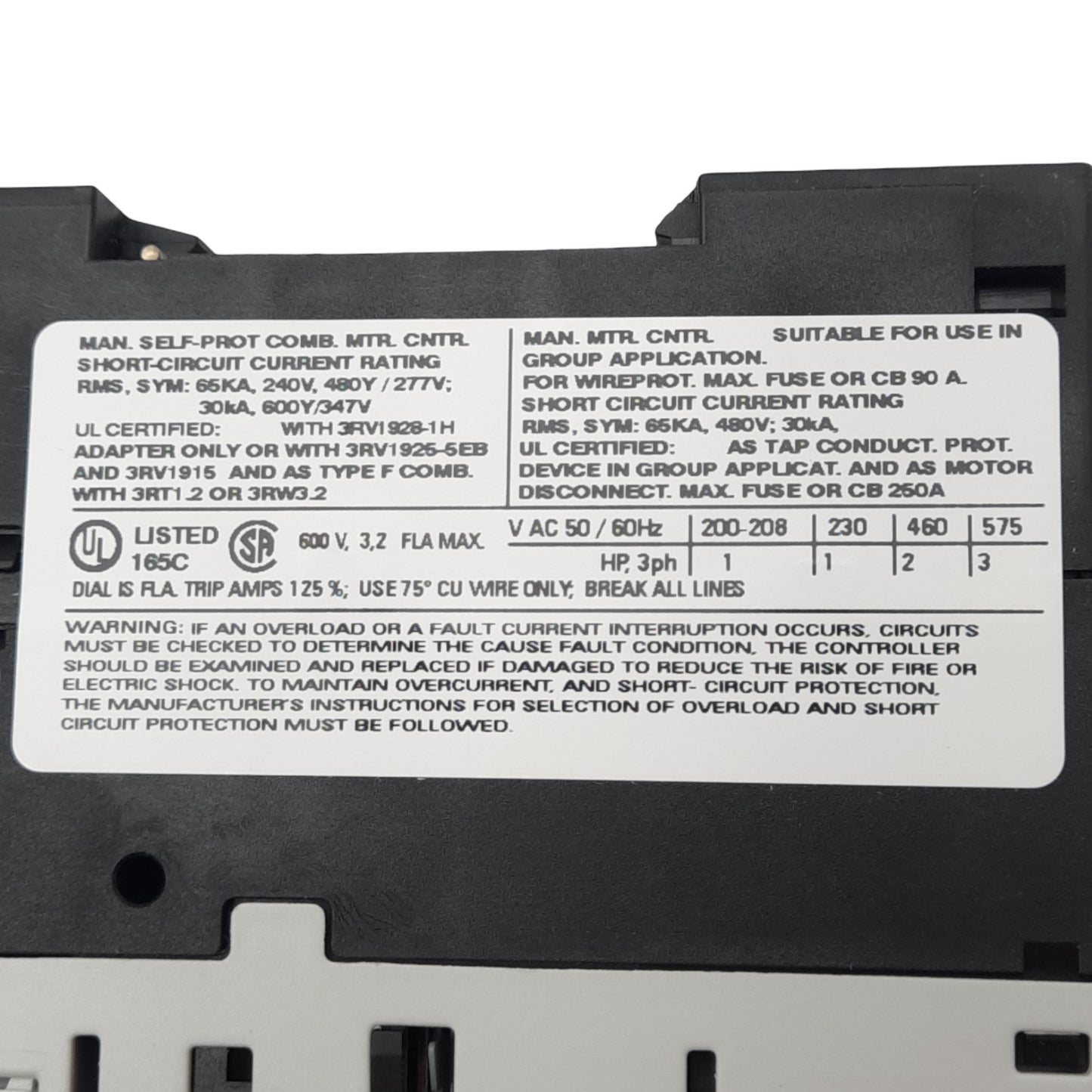 New Siemens 3RV1021-1DA10 Motor Circuit Breaker, 3-Pole, 1NO 1NC Aux, 2.2-3.2A