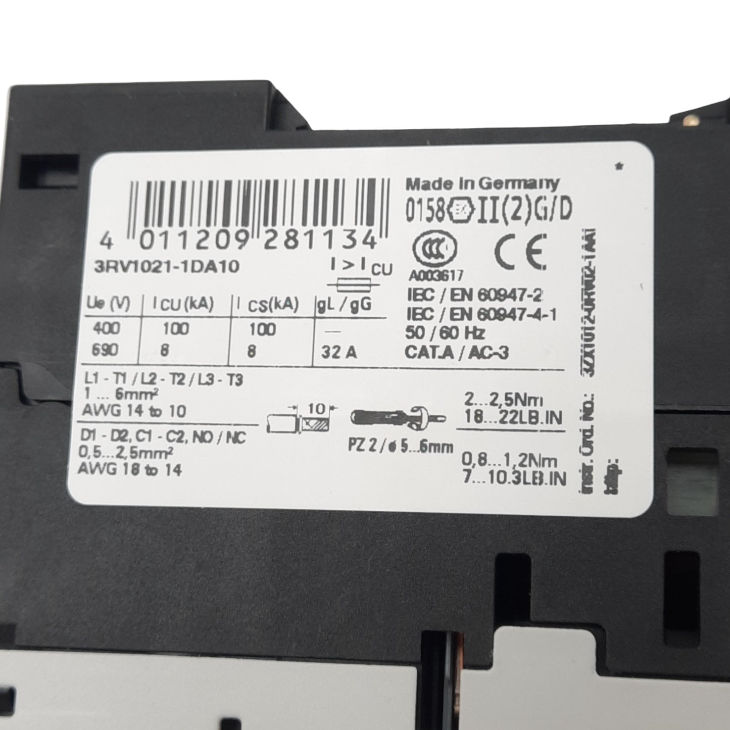 New Siemens 3RV1021-1DA10 Motor Circuit Breaker, 3-Pole, 1NO 1NC Aux, 2.2-3.2A