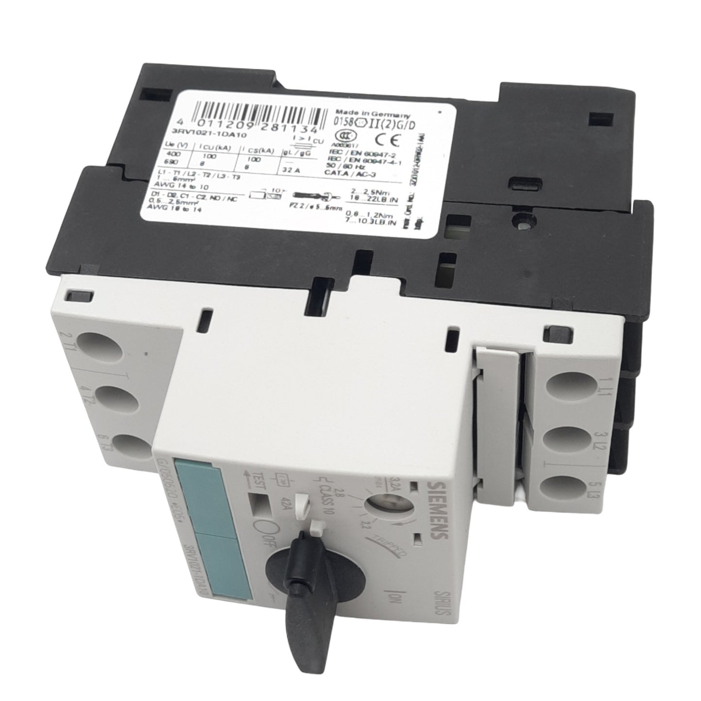 New Siemens 3RV1021-1DA10 Motor Circuit Breaker, 3-Pole, 1NO 1NC Aux, 2.2-3.2A
