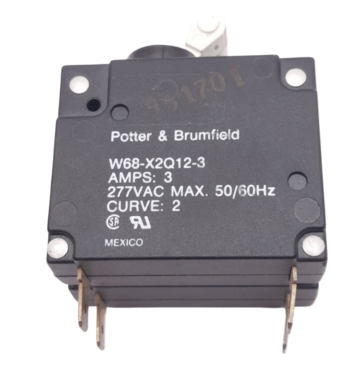 Used Potter & Brumfield W68-X2Q12-3 Magnetic Circuit Breaker, 2-Pole, 3A, 277VAC Max