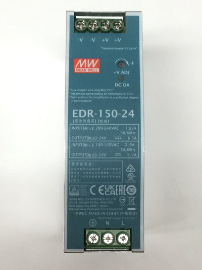 New – Open box Mean Well EDR-150-24 Industrial Power Supply 90-240VAC In, 24VDC 6.5A 150W Out