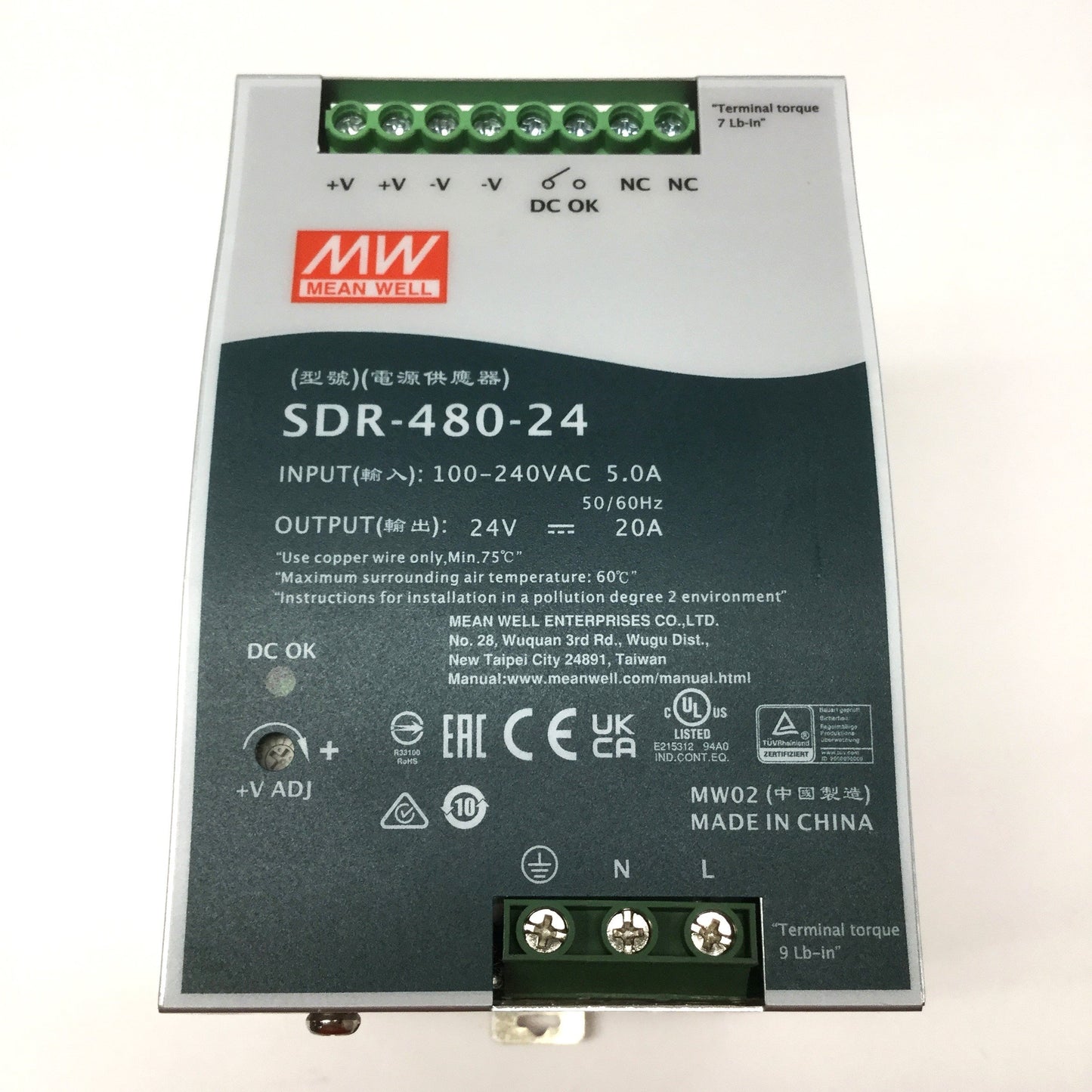 New – Open box Mean Well SDR-480-24 DIN Power Supply 100-240VAC Input, 24VDC 480W 20A Output