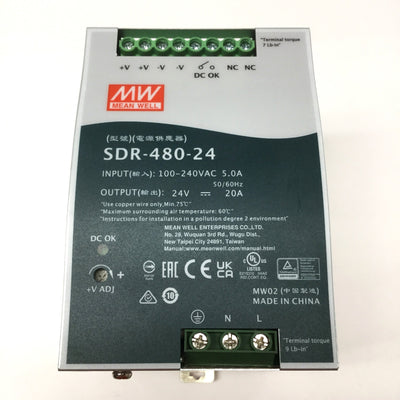 New – Open box Mean Well SDR-480-24 DIN Power Supply 100-240VAC Input, 24VDC 480W 20A Output