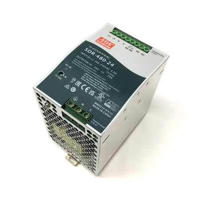 New – Open box Mean Well SDR-480-24 DIN Power Supply 100-240VAC Input, 24VDC 480W 20A Output