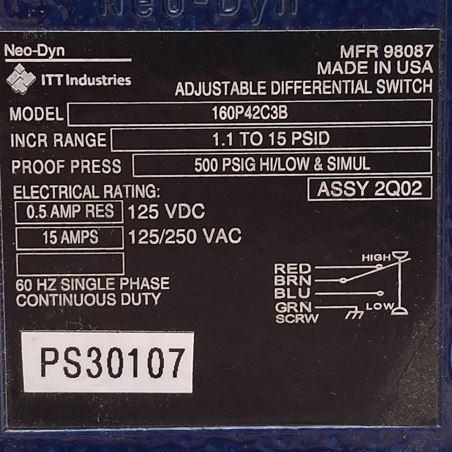 Used ITT Neo-Dyn 160P42C3B Adjustable Differential Pressure Switch 1.1-15PSID, 1/4NPT