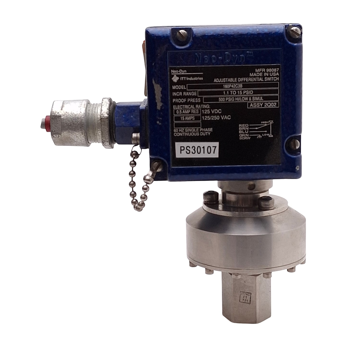Used ITT Neo-Dyn 160P42C3B Adjustable Differential Pressure Switch 1.1-15PSID, 1/4NPT