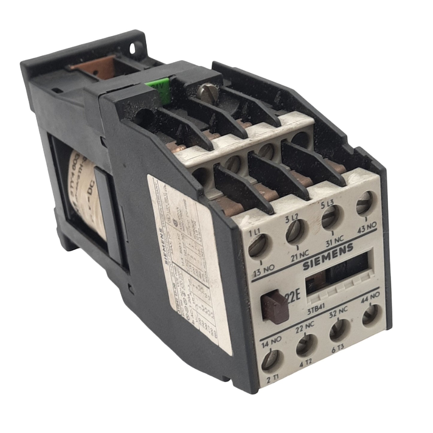 Used Siemens 3TB4117-0B Contactor, 3-Ph, 4-Pole 2NO 2NC, 600VAC 18A Max, 24VDC Coil