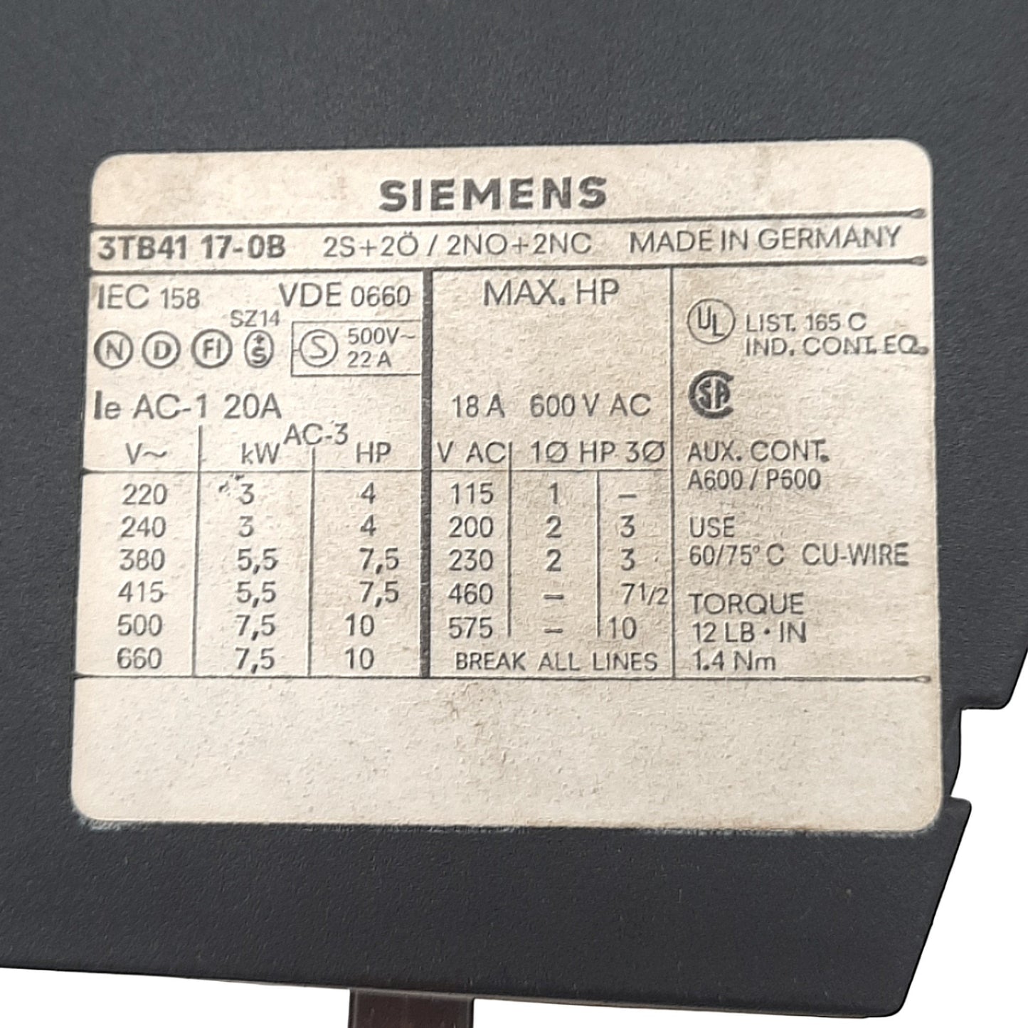 Used Siemens 3TB4117-0B Contactor, 3-Ph, 4-Pole 2NO 2NC, 600VAC 18A Max, 24VDC Coil