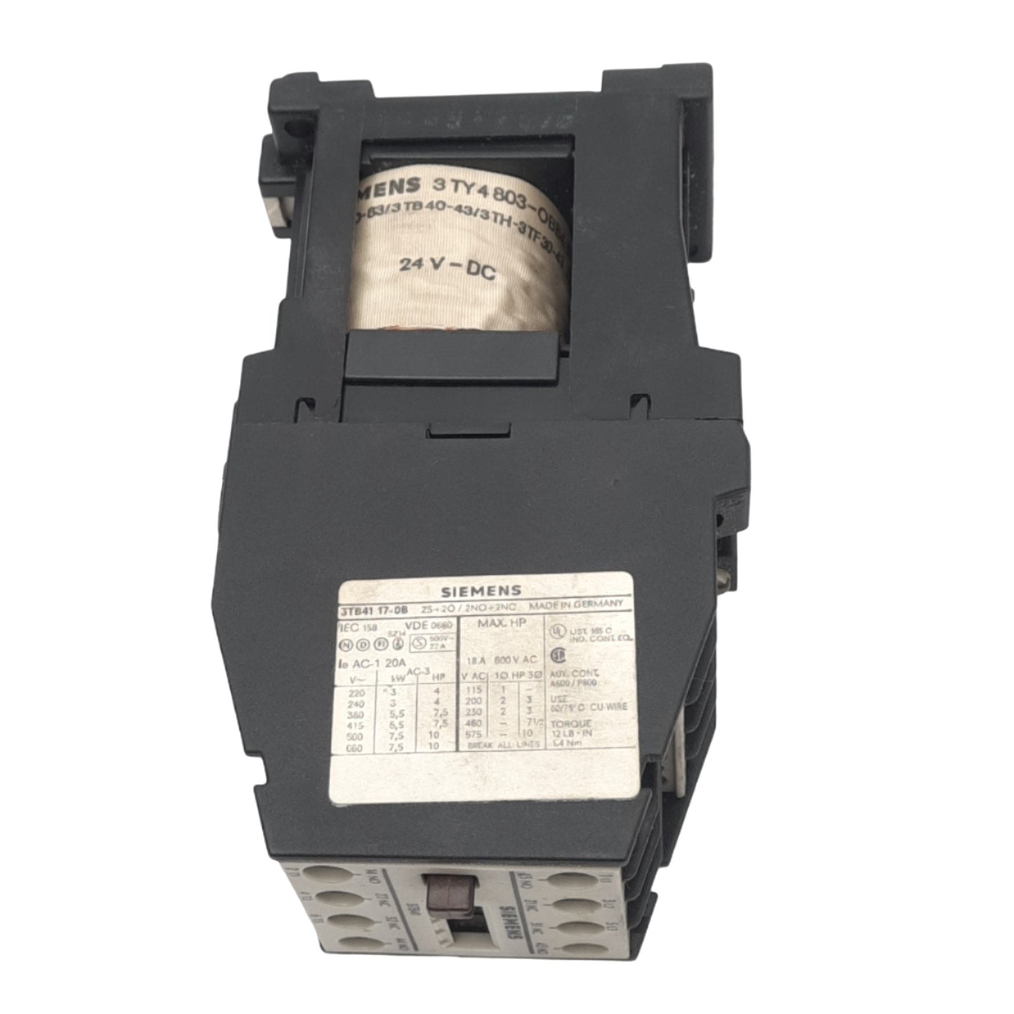 Used Siemens 3TB4117-0B Contactor, 3-Ph, 4-Pole 2NO 2NC, 600VAC 18A Max, 24VDC Coil