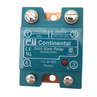 Used Continental SVDA/3V50 Solid State Relay, SPST, 24-330VAC, 50A, 4-23VDC Control