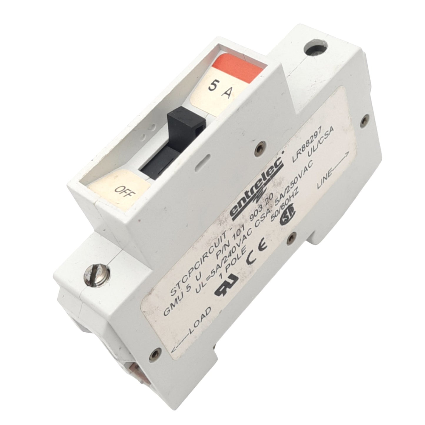 Used Entrelec GMU 5 U Miniature Circuit Breaker, 1-Pole, 5A, 240VAC Max, DIN Rail