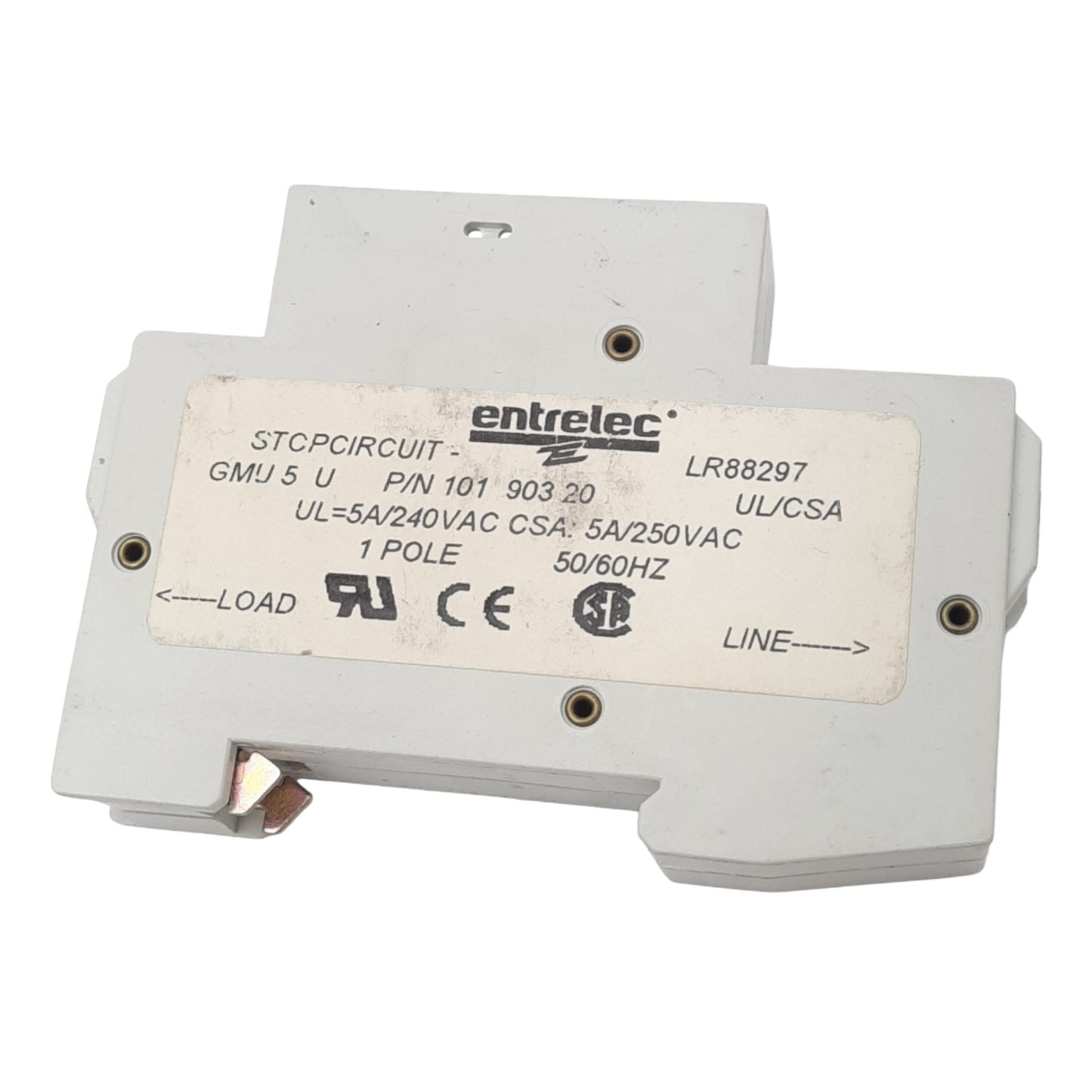 Used Entrelec GMU 5 U Miniature Circuit Breaker, 1-Pole, 5A, 240VAC Max, DIN Rail