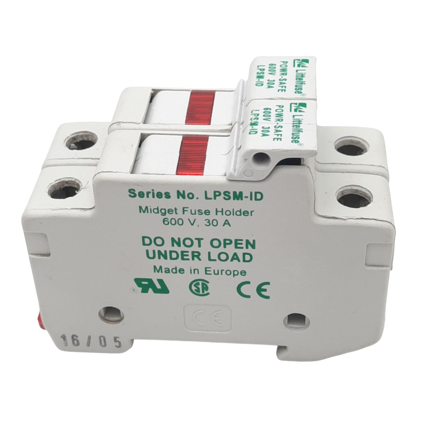 Used Littelfuse LPSM002ID Power-Safe Fuse Holder, 2-Pole, 600V 30A Max, DIN Rail
