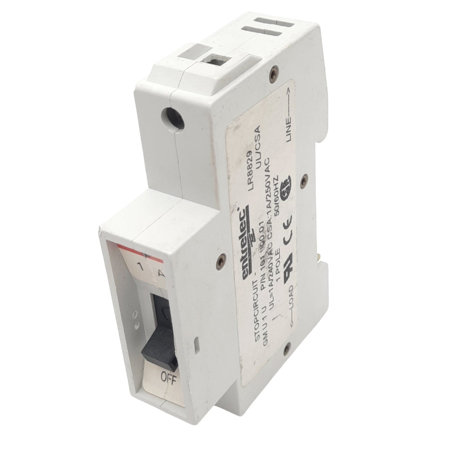 Used Entrelec GMU 1 U Miniature Circuit Breaker, 1-Pole, 1A, 240VAC Max, DIN Rail