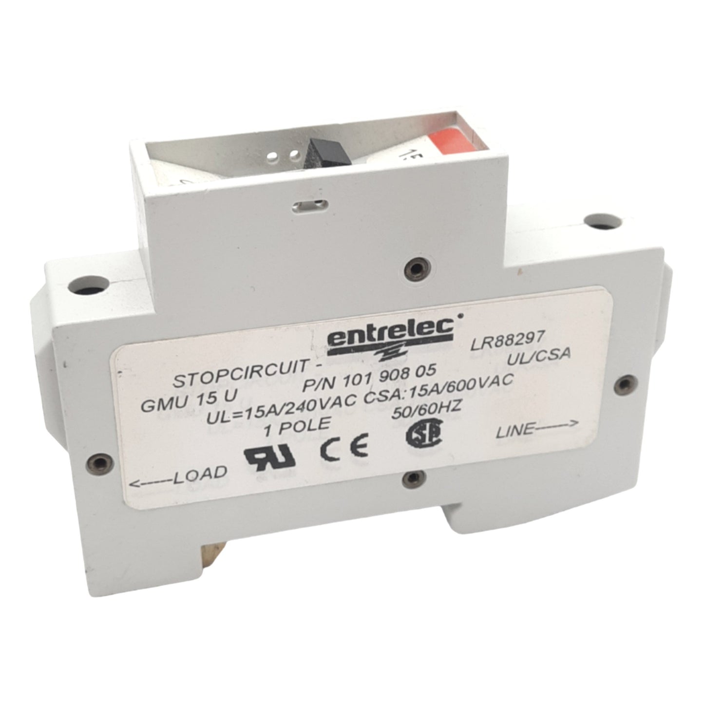 Used Entrelec GMU 15 U Miniature Circuit Breaker, 1-Pole, 15A, 240VAC Max, DIN Rail