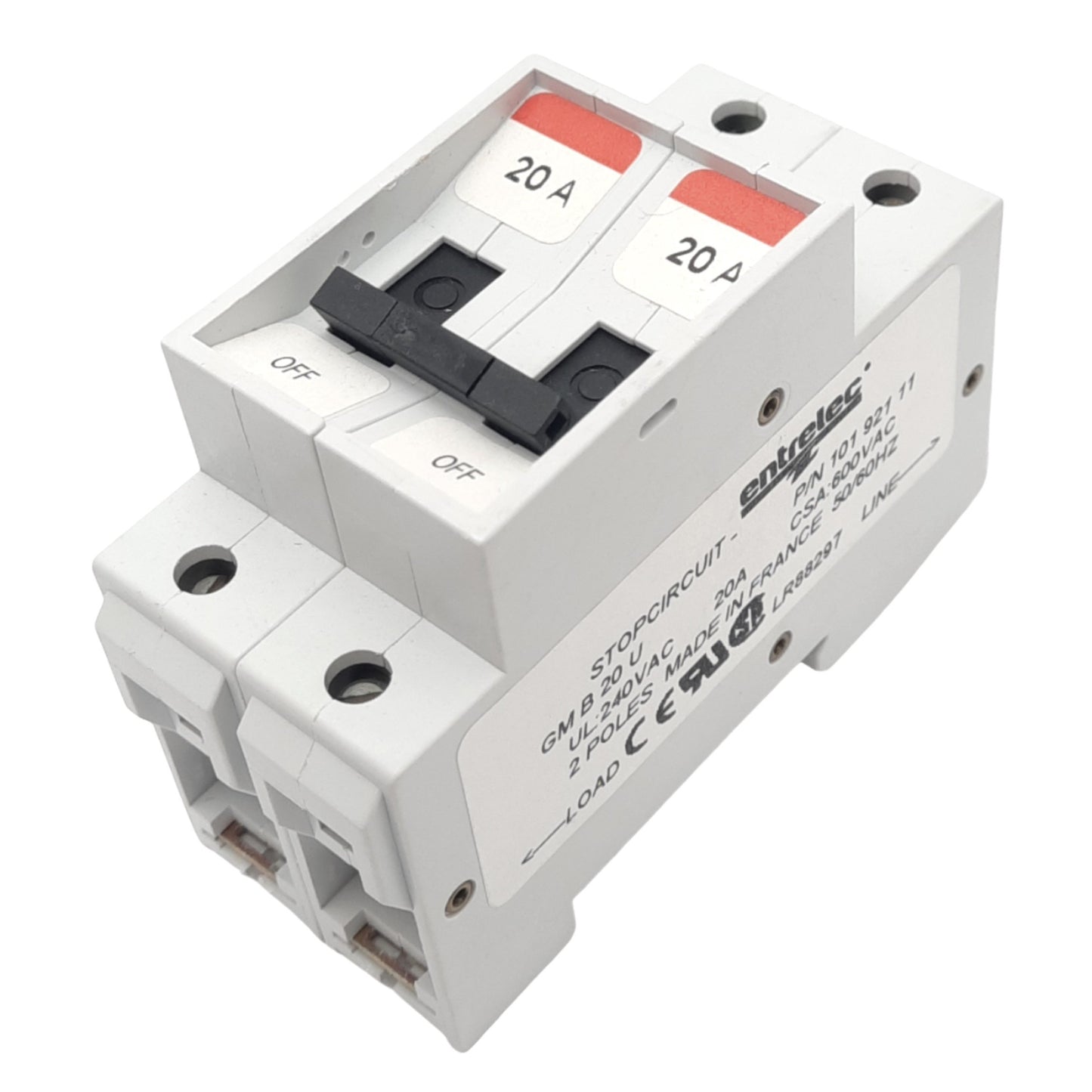 Used Entrelec GMB 20 U Miniature Circuit Breaker, 2-Pole, 20A, 240VAC Max, DIN Rail