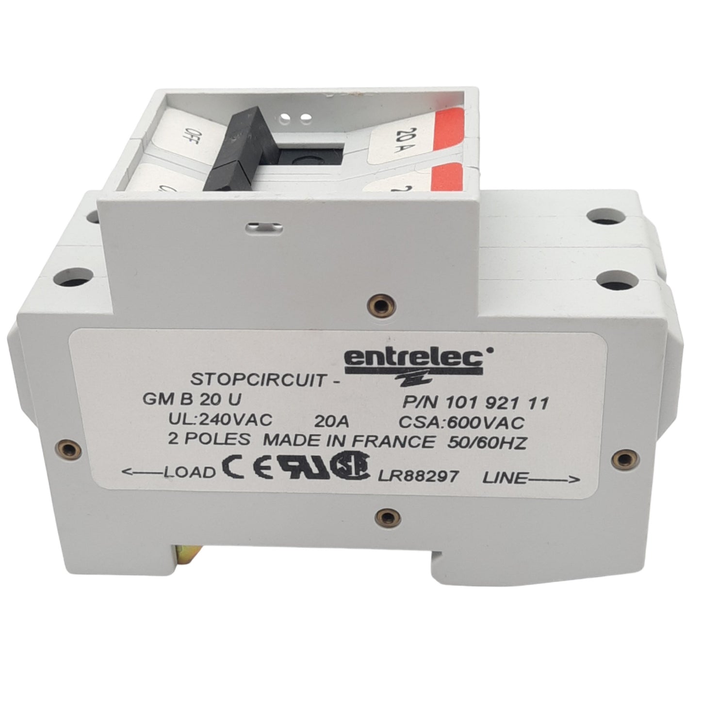 Used Entrelec GMB 20 U Miniature Circuit Breaker, 2-Pole, 20A, 240VAC Max, DIN Rail
