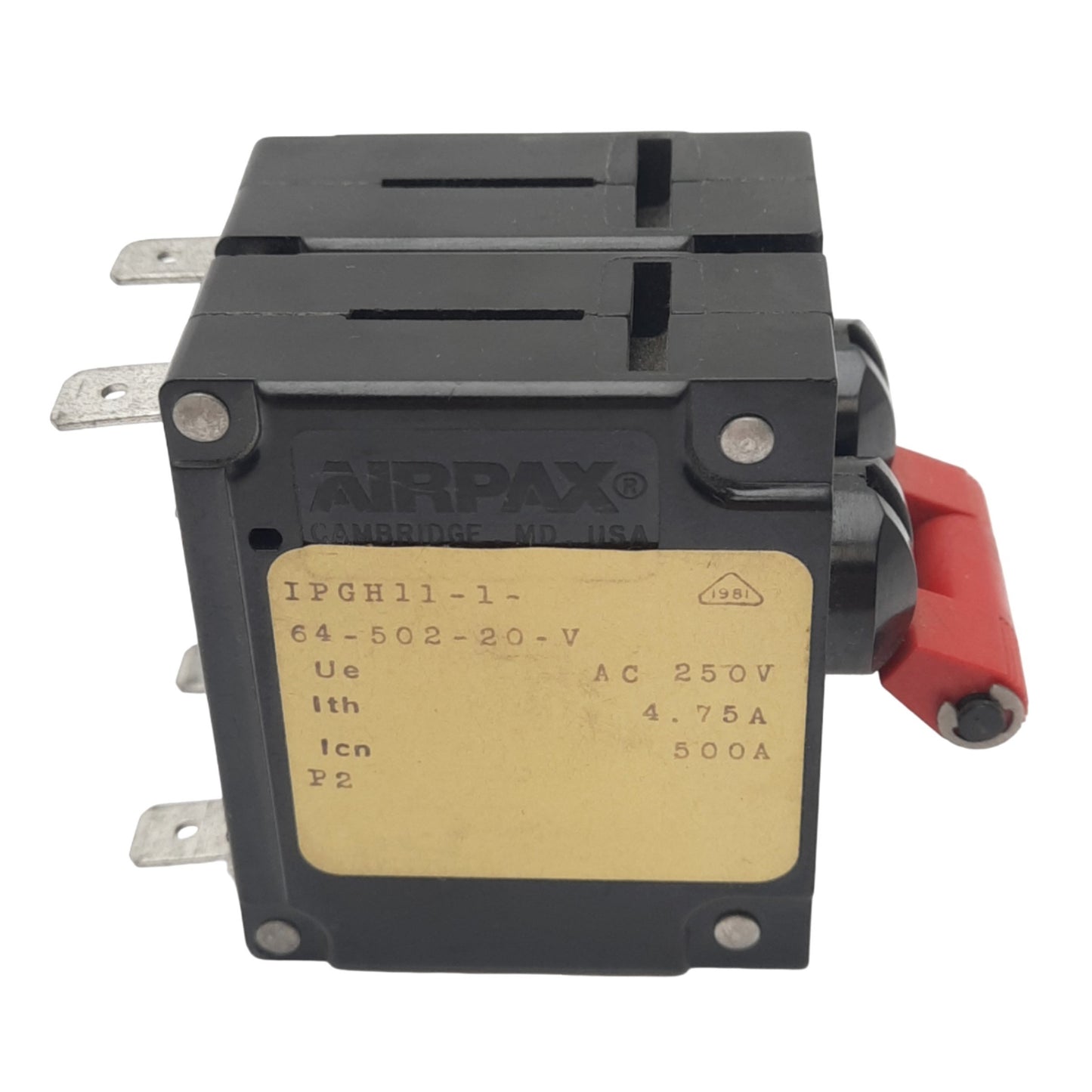 Used Airpax IPGH11-1-64-502-20-V Magnetic Circuit Breaker, 2-Pole, 6.25A, 250VAC Max