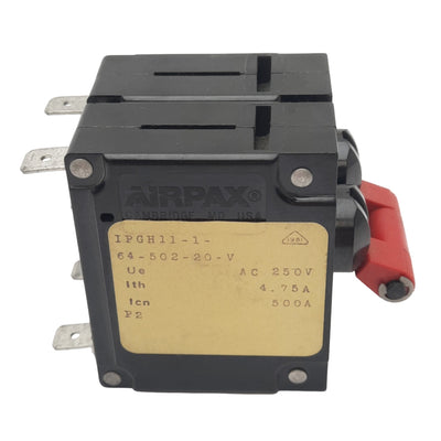 Used Airpax IPGH11-1-64-502-20-V Magnetic Circuit Breaker, 2-Pole, 6.25A, 250VAC Max
