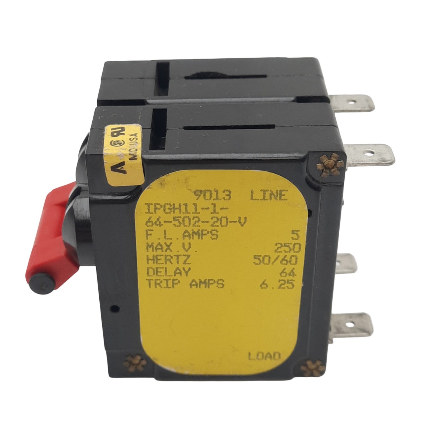 Used Airpax IPGH11-1-64-502-20-V Magnetic Circuit Breaker, 2-Pole, 6.25A, 250VAC Max