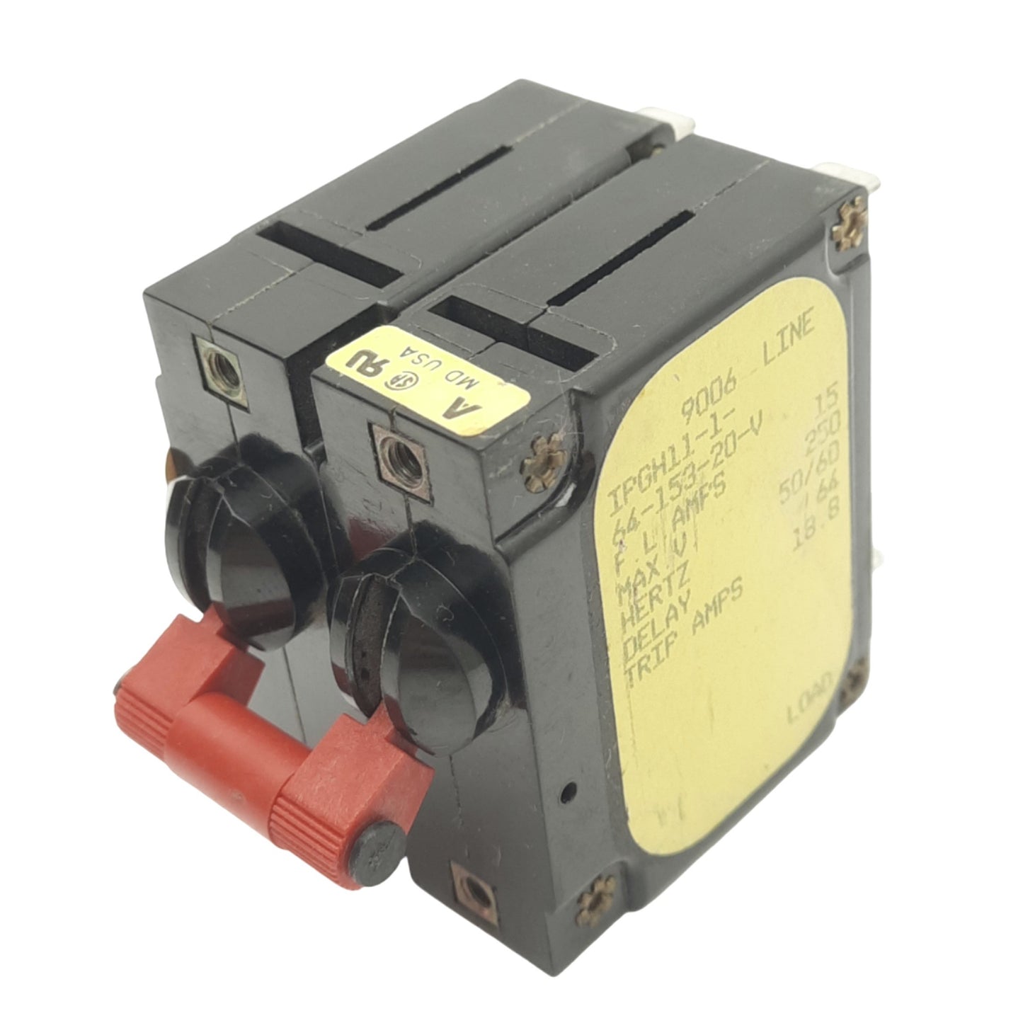 Used Airpax IPGH11-1-64-153-20-V Magnetic Circuit Breaker, 2-Pole, 18.8A, 250VAC Max