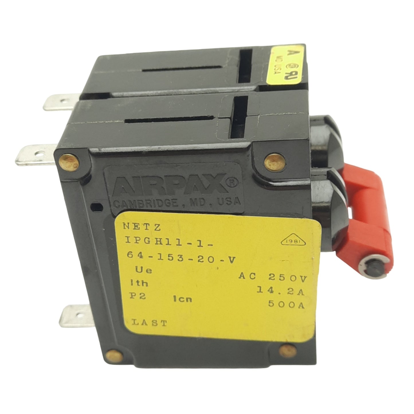 Used Airpax IPGH11-1-64-153-20-V Magnetic Circuit Breaker, 2-Pole, 18.8A, 250VAC Max