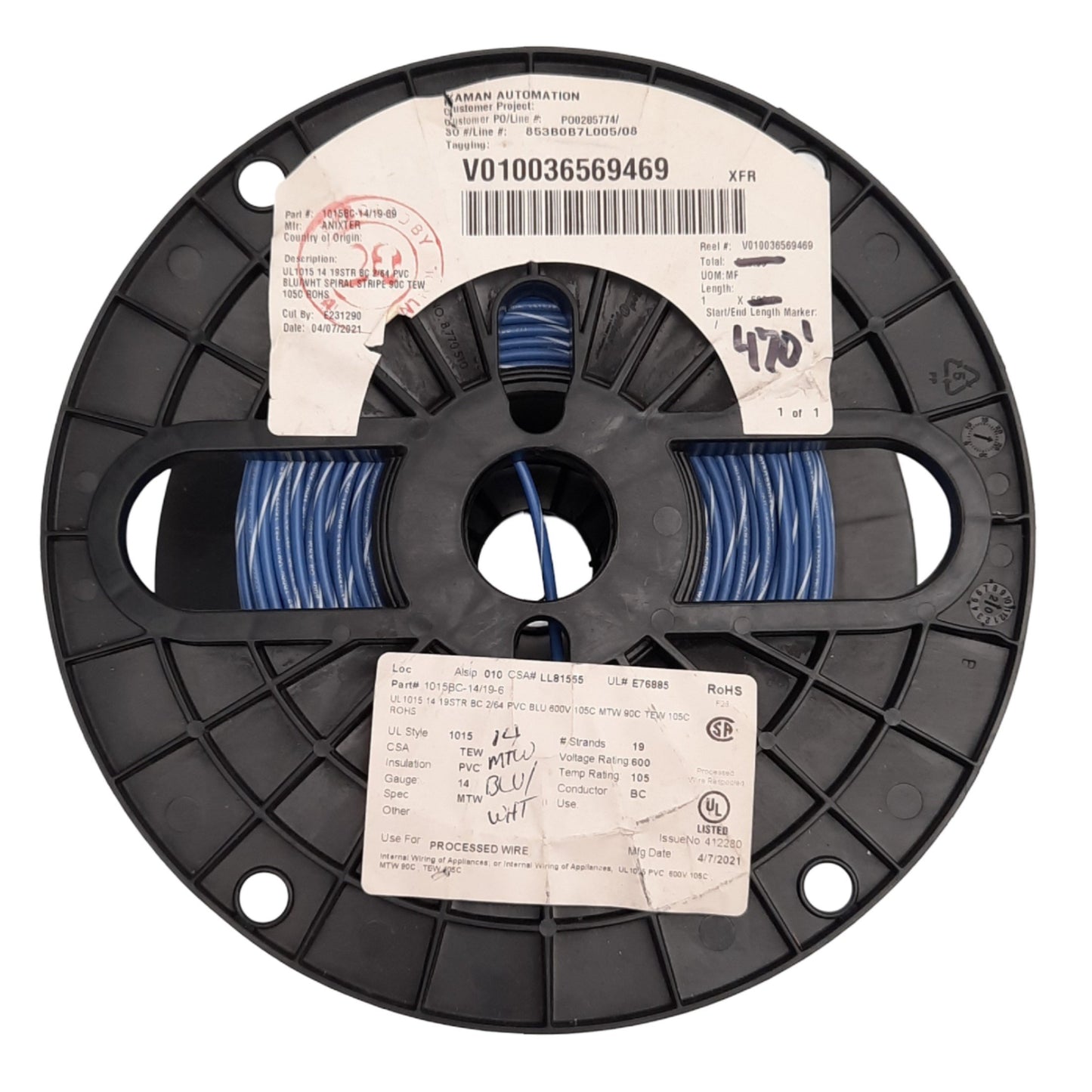 Used Anixter 1015BC-14/19-6 Hook-Up Wire 14AWG, 600V, ø0.129in, 470ft Length