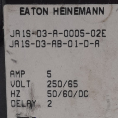 Used Eaton Heinemann JA1S-D3-A-0005-02E Circuit Breaker, 1-Pole, 5A 250VAC/65VDC