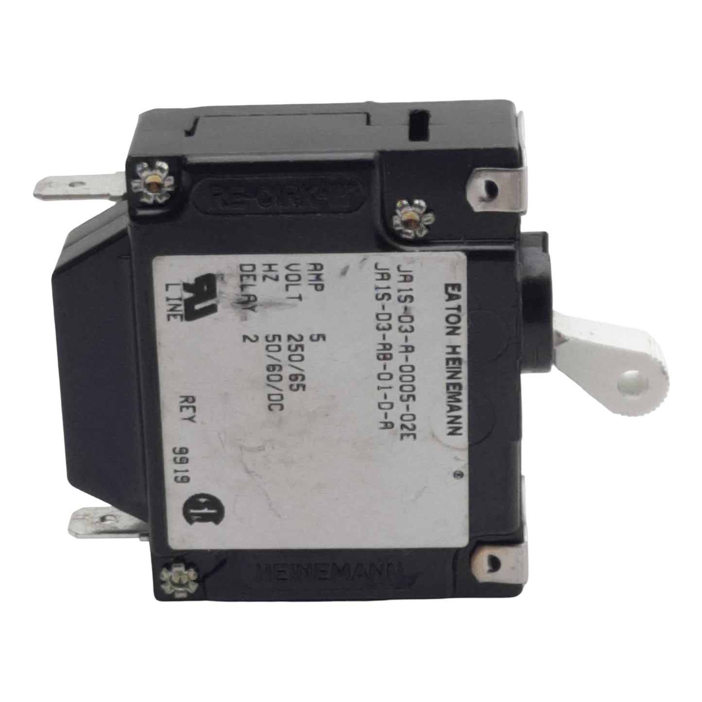 Used Eaton Heinemann JA1S-D3-A-0005-02E Circuit Breaker, 1-Pole, 5A 250VAC/65VDC