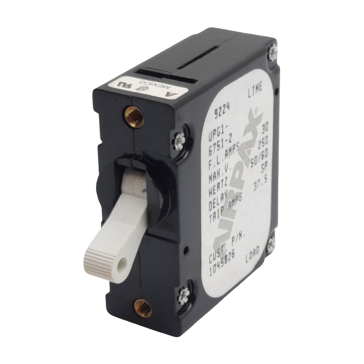 Used Airpax UPG1-6751-2 1045826 Circuit Breaker, 1-Pole, 30A 250VAC, #6-32