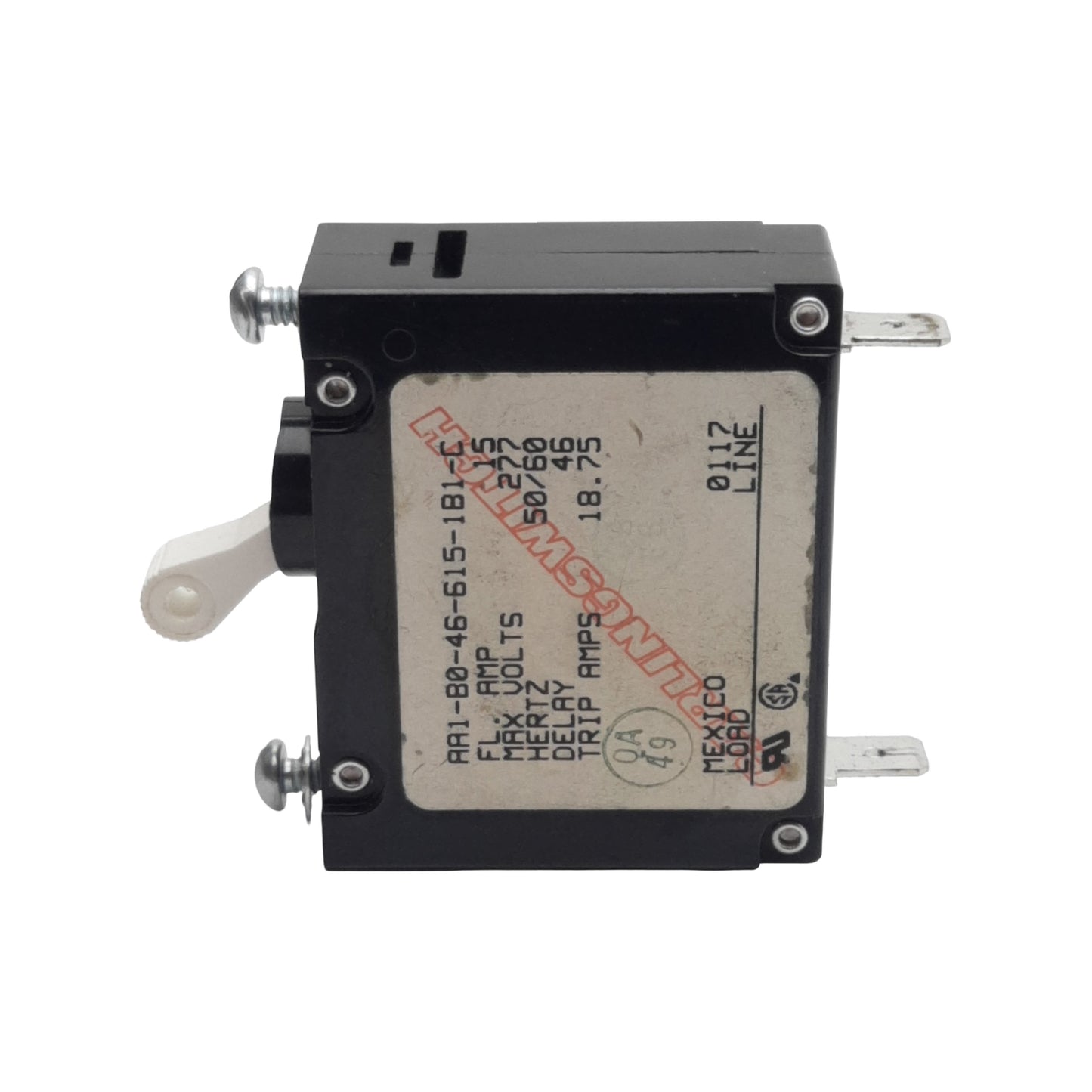 Used Carlingswitch AA1-B0-46-615-1B1-C Circuit Breaker, 1-Pole, 15A 277VAC, #6-32