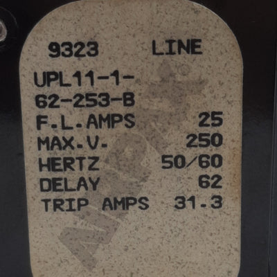 Used Airpax UPL11-1-62-253-B Circuit Breaker, 2-Pole, 25A 250VAC, Screw Mount