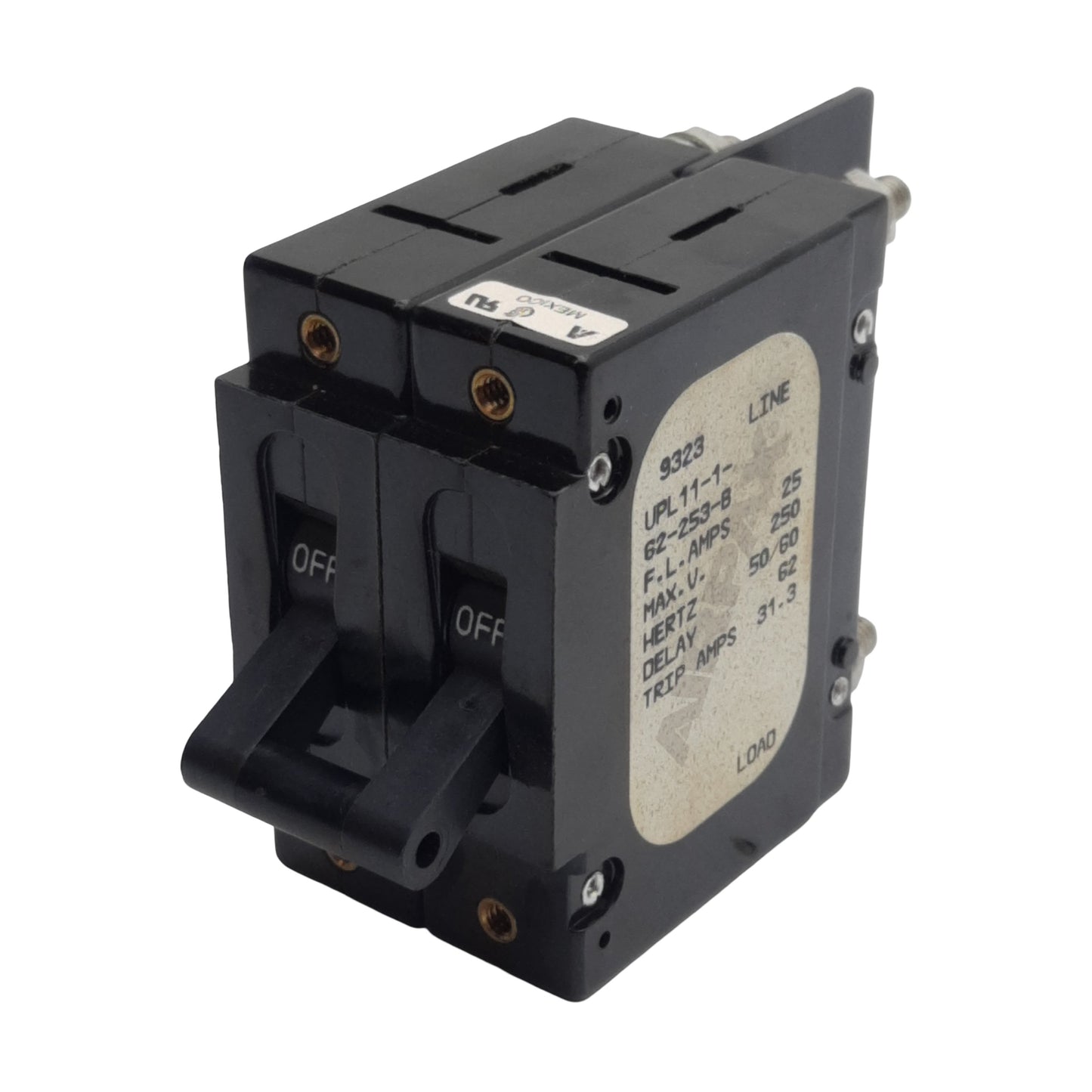 Used Airpax UPL11-1-62-253-B Circuit Breaker, 2-Pole, 25A 250VAC, Screw Mount