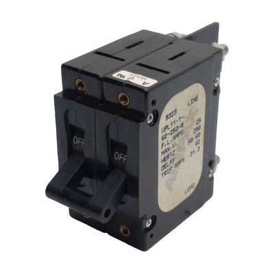 Used Airpax UPL11-1-62-253-B Circuit Breaker, 2-Pole, 25A 250VAC, Screw Mount