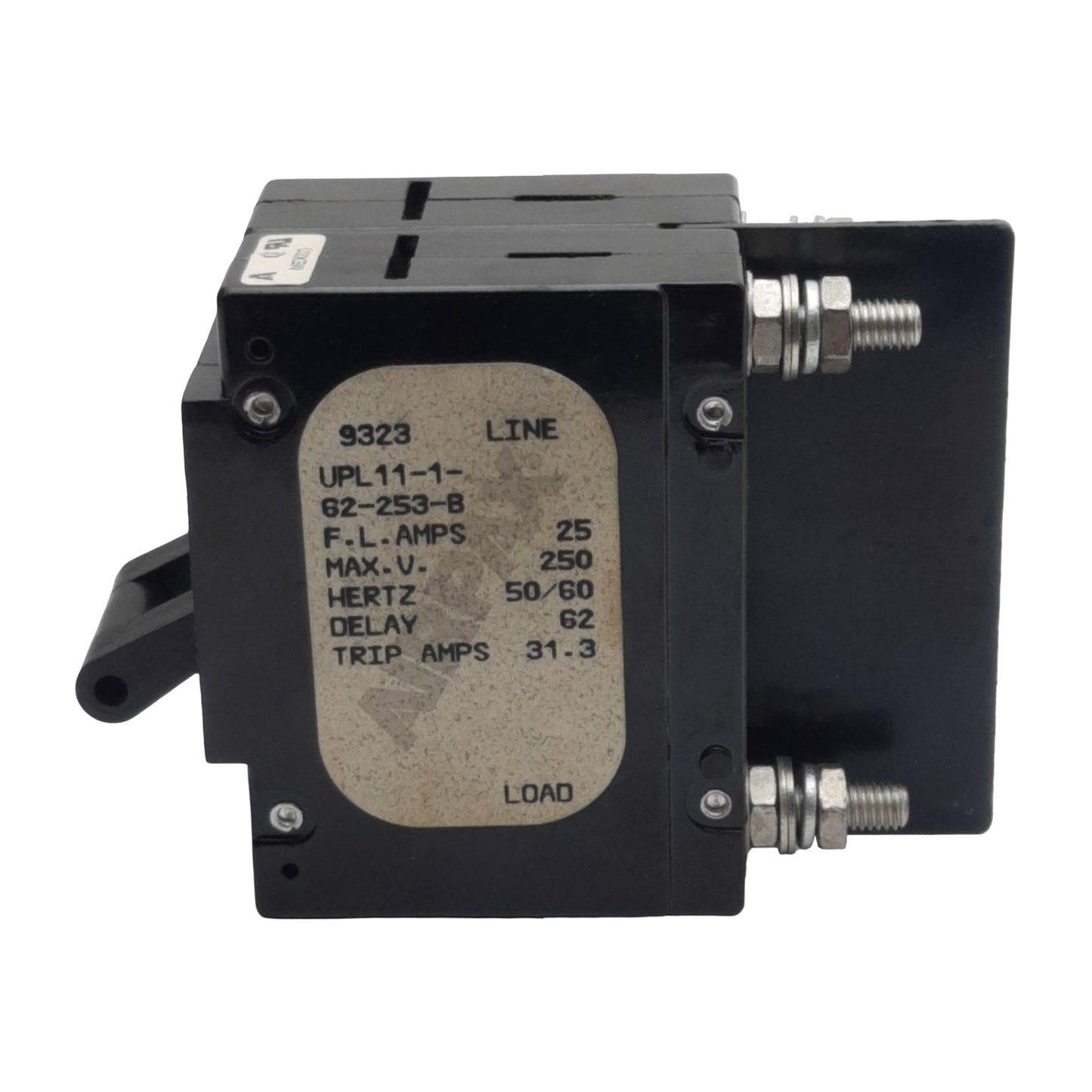 Used Airpax UPL11-1-62-253-B Circuit Breaker, 2-Pole, 25A 250VAC, Screw Mount