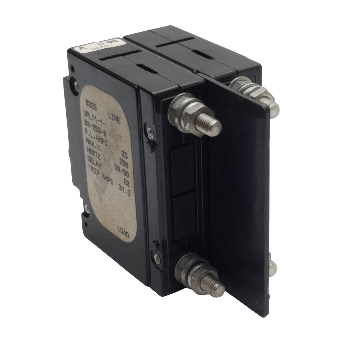 Used Airpax UPL11-1-62-253-B Circuit Breaker, 2-Pole, 25A 250VAC, Screw Mount