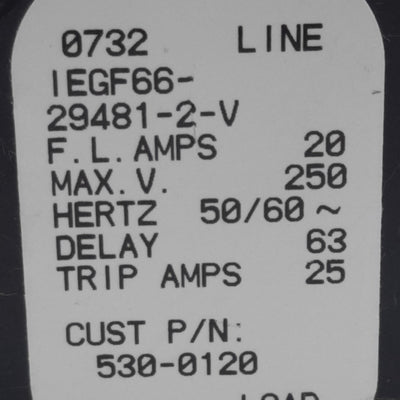 Used Airpax IEGF66-29481-2-V 530-0120 Circuit Breaker 1-Pole, 20A 250VAC, Screw Mount