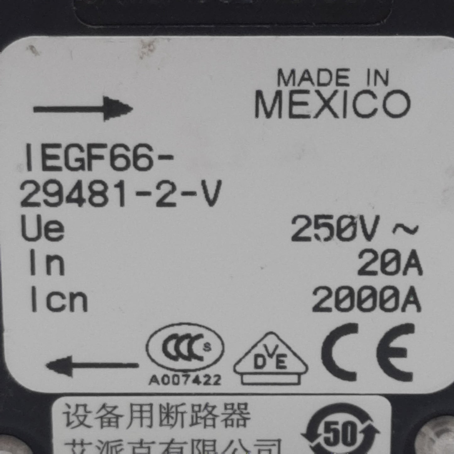 Used Airpax IEGF66-29481-2-V 530-0120 Circuit Breaker 1-Pole, 20A 250VAC, Screw Mount