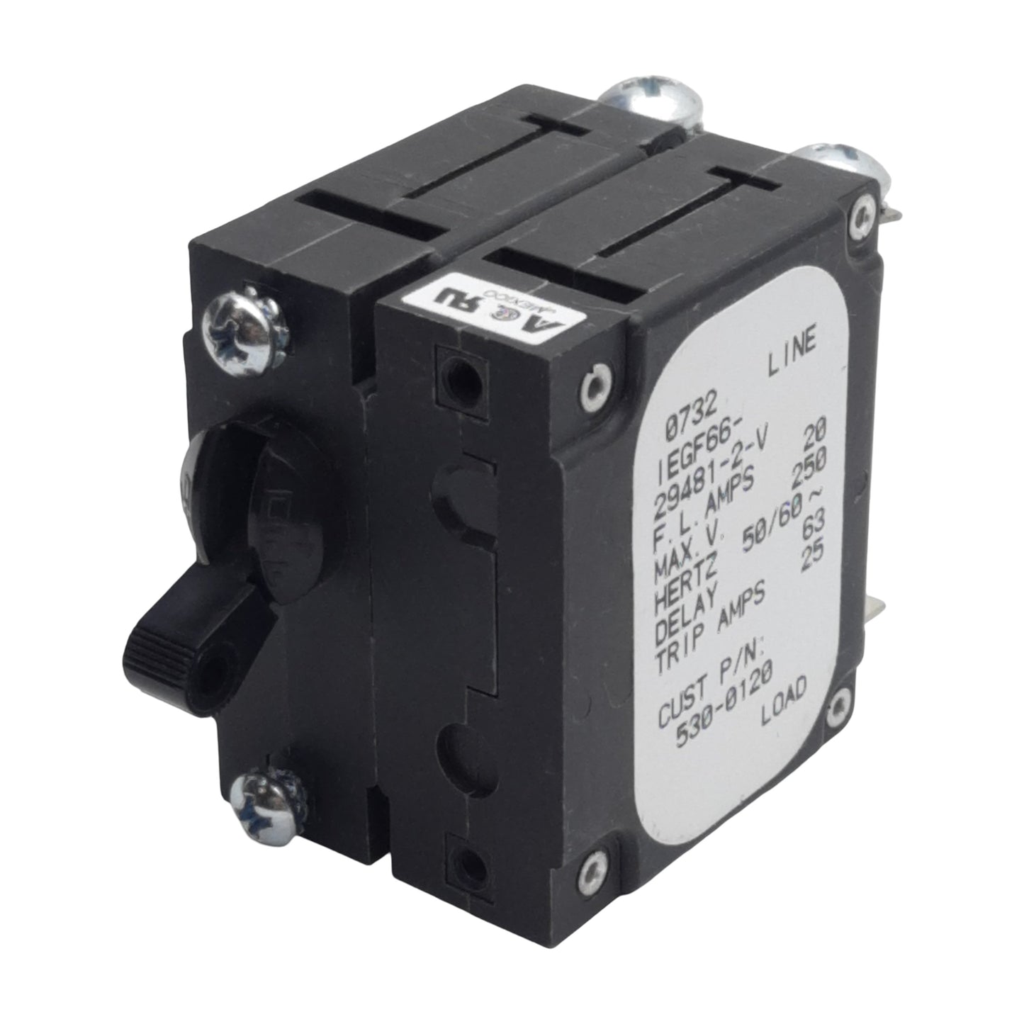 Used Airpax IEGF66-29481-2-V 530-0120 Circuit Breaker 1-Pole, 20A 250VAC, Screw Mount