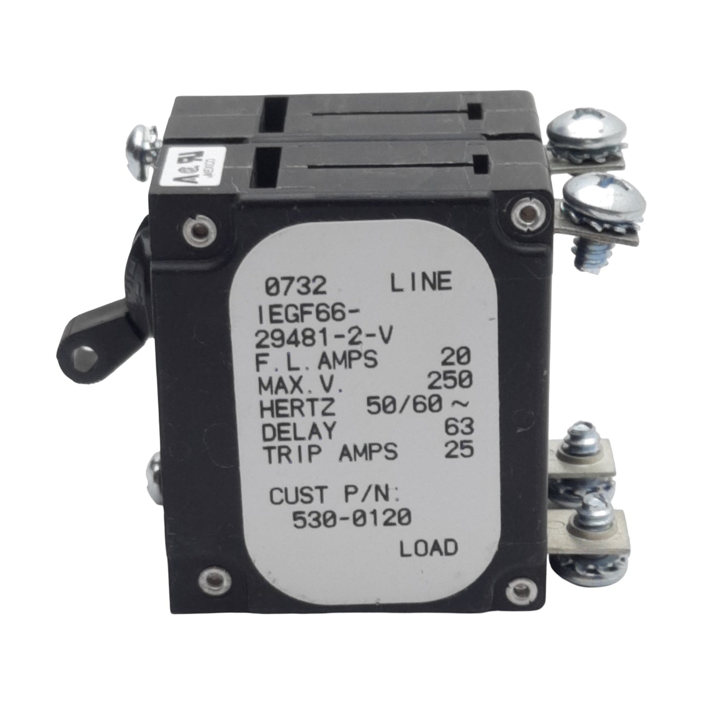 Used Airpax IEGF66-29481-2-V 530-0120 Circuit Breaker 1-Pole, 20A 250VAC, Screw Mount