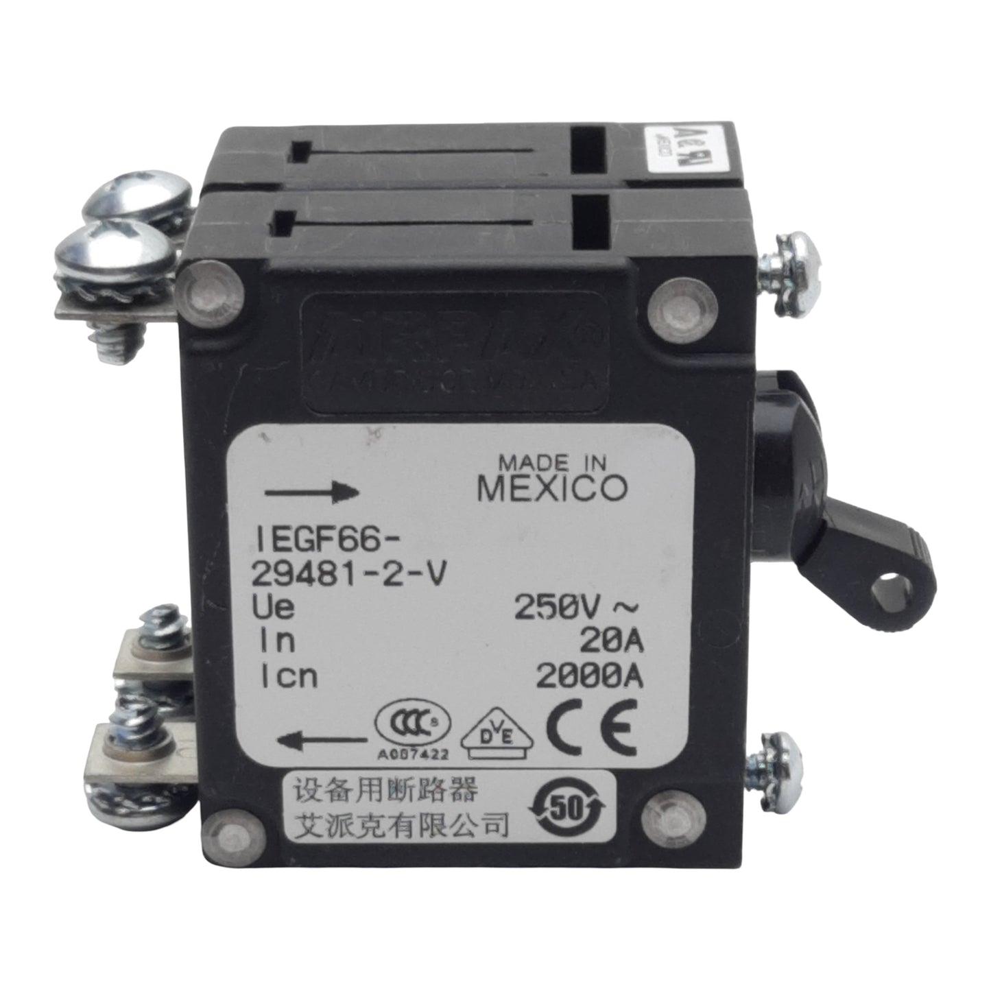 Used Airpax IEGF66-29481-2-V 530-0120 Circuit Breaker 1-Pole, 20A 250VAC, Screw Mount