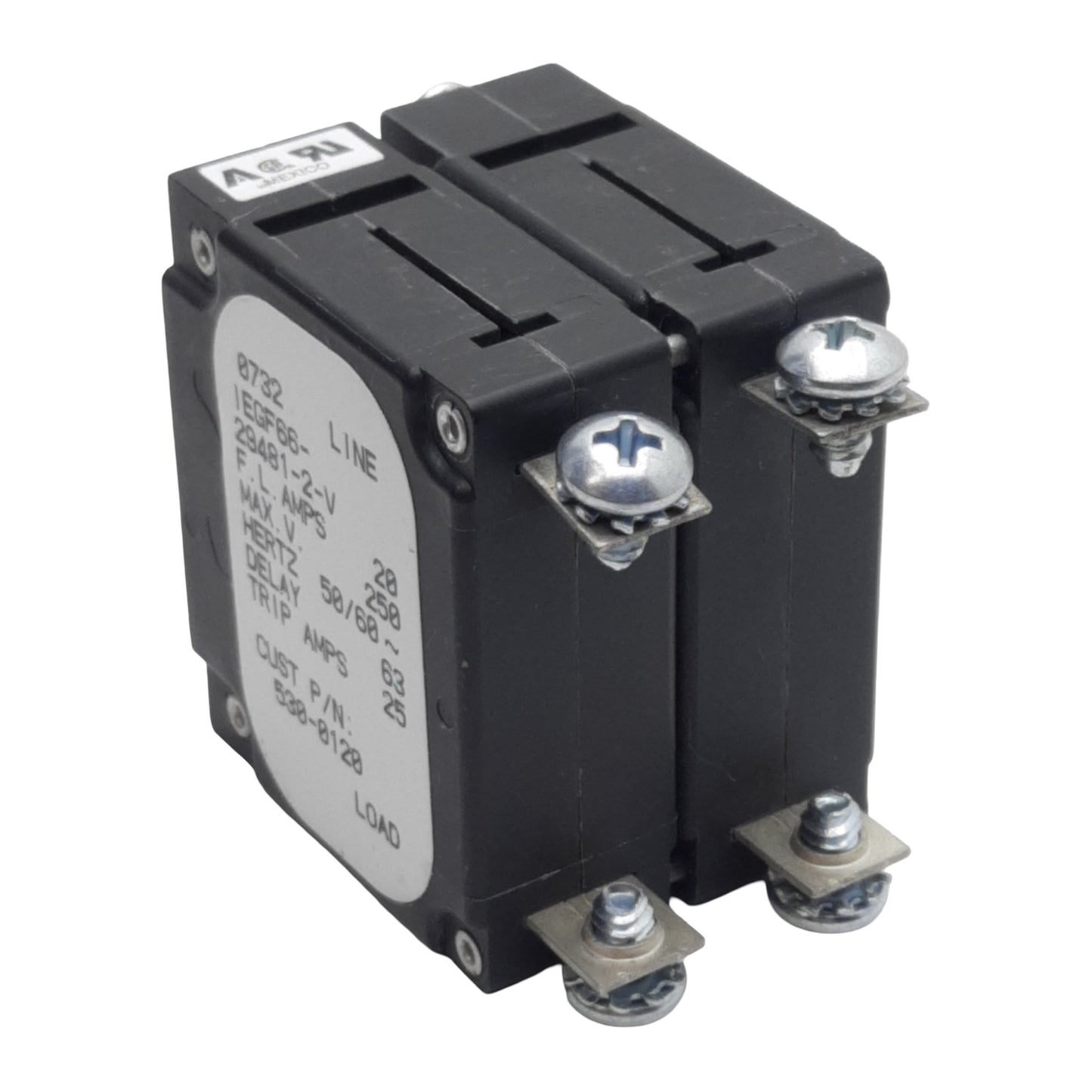 Used Airpax IEGF66-29481-2-V 530-0120 Circuit Breaker 1-Pole, 20A 250VAC, Screw Mount