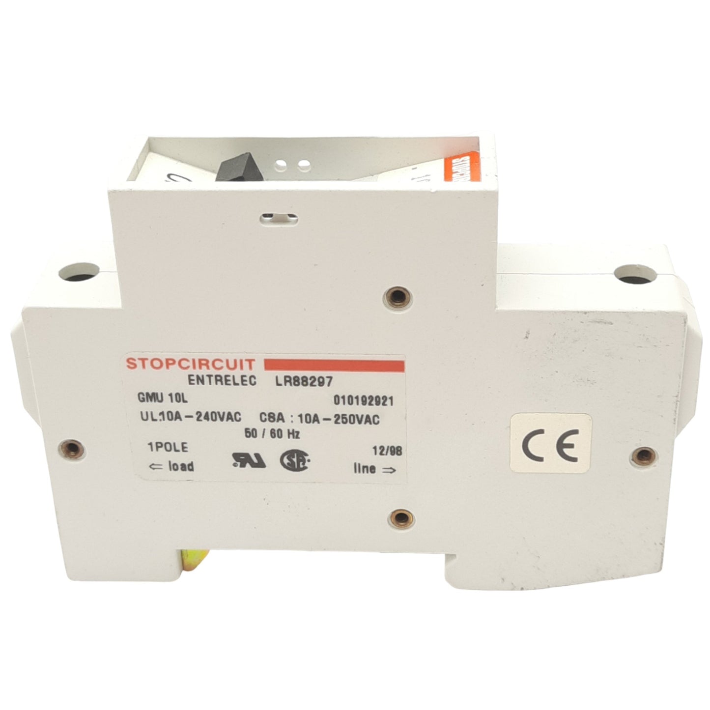 Used Entrelec GMU 10 L Miniature Circuit Breaker, 1-Pole, 10A, 240VAC Max, DIN Rail