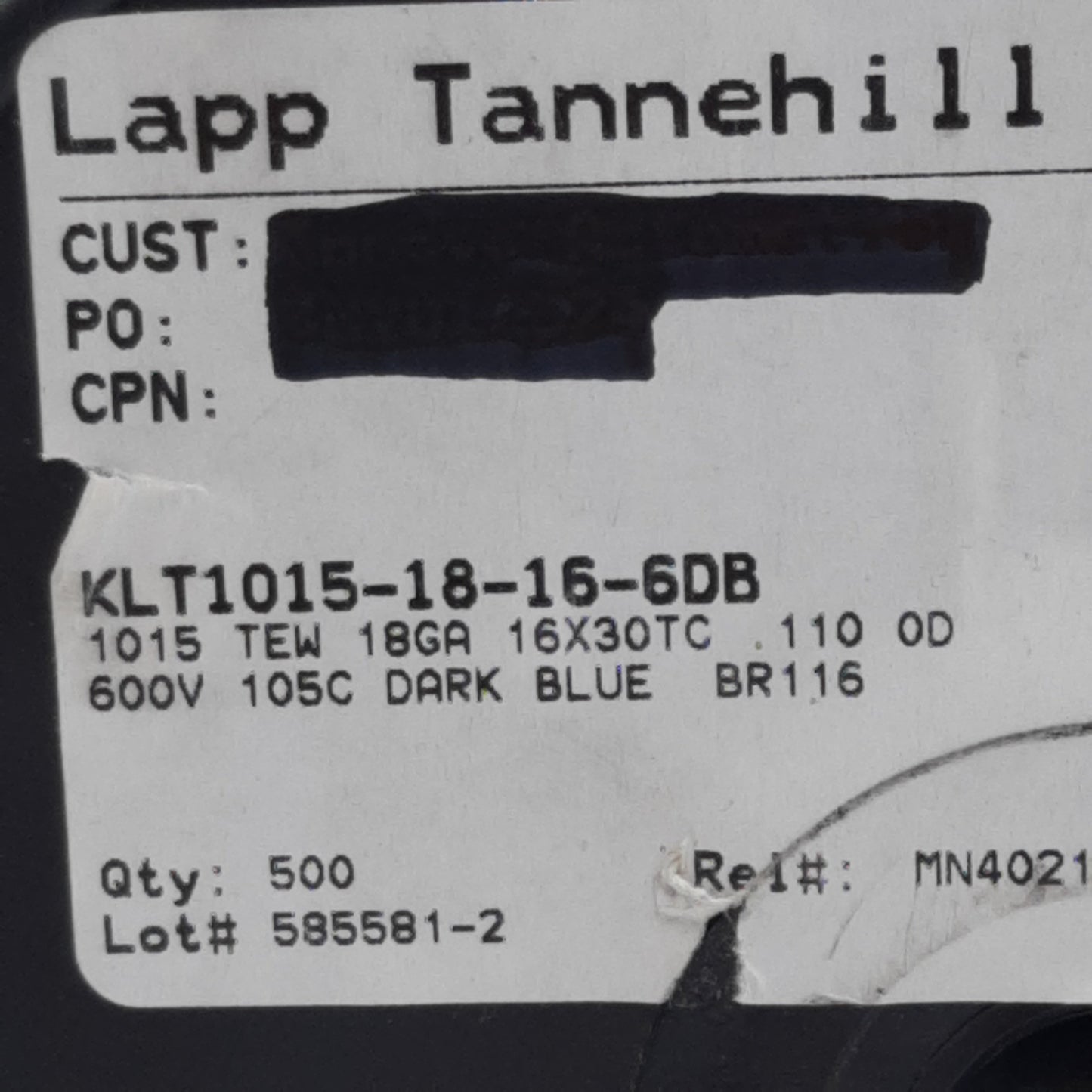 Used Lapp Tannehill KLT1015-18-16-6DB Hook-Up/Lead Wire, Blue, 18AWG, 600V, 475ft