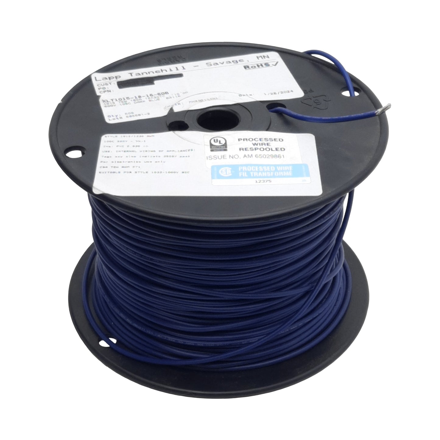 Used Lapp Tannehill KLT1015-18-16-6DB Hook-Up/Lead Wire, Blue, 18AWG, 600V, 475ft