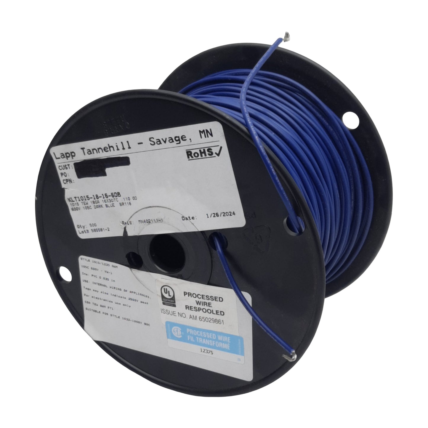 Used Lapp Tannehill KLT1015-18-16-6DB Hook-Up/Lead Wire, Blue, 18AWG, 600V, 475ft