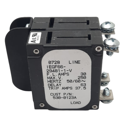 Used Airpax IEGF66-29481-1-V 530-0123A Circuit Breaker, 2-Pole, 37.5A, 250V Max