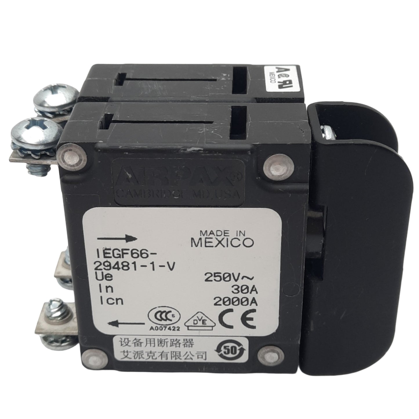 Used Airpax IEGF66-29481-1-V 530-0123A Circuit Breaker, 2-Pole, 37.5A, 250V Max