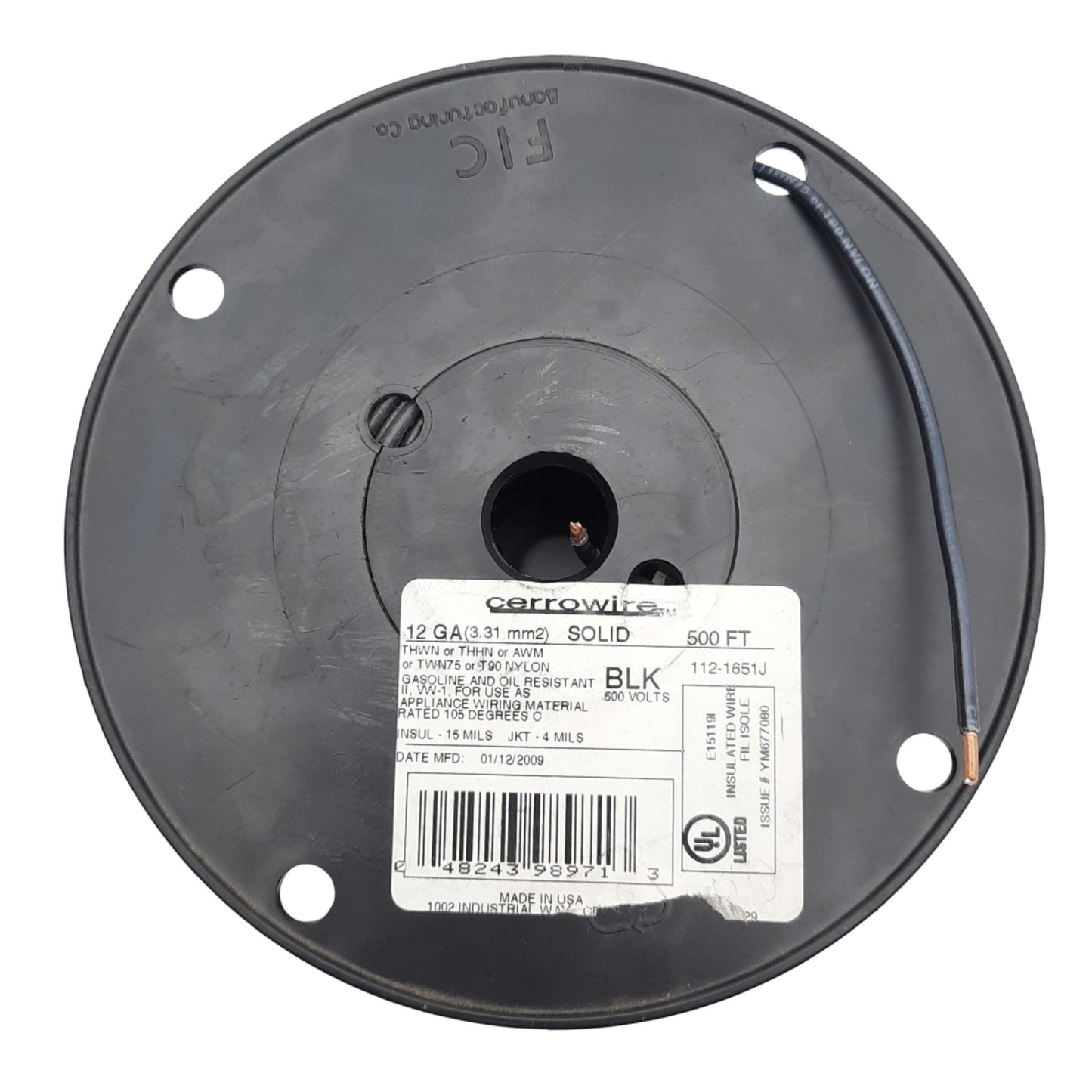 Used Cerrowire 112-1651J Black Solid Copper Wire 12AWG, 600V, 30A, 237ft Length